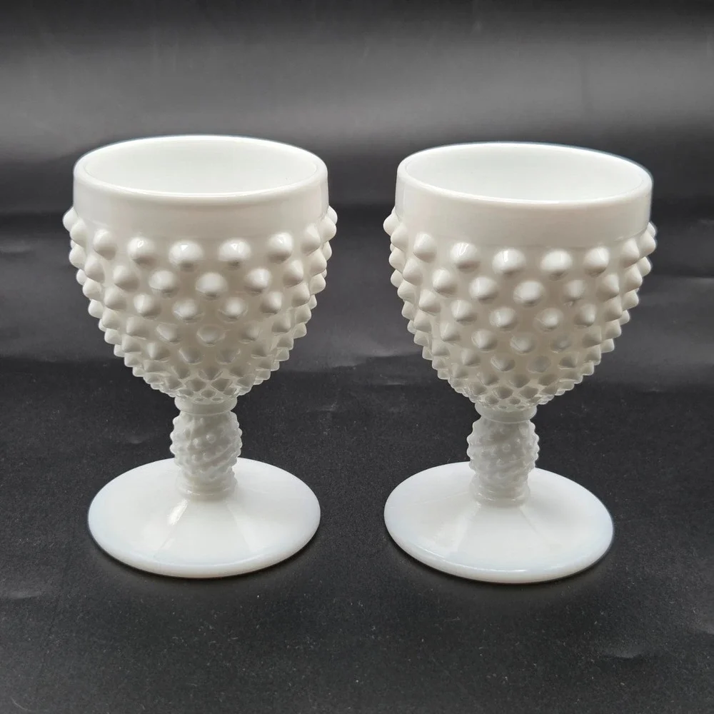 2 Vintage Fenton White Milk Glass Hobnail Wine Glass Goblet‎ Chalice 4